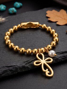 Chunky Gold Beaded Ball Cross Charm Pearl Bracelet Boho Western Stackable 8"
